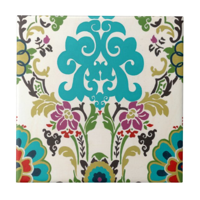 Damask Floral Patterns Plum Turquoise Fliese (Vorderseite)