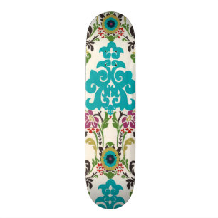 Damask Floral Patterns Plum Turquoise Skateboard