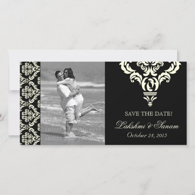 Damask Foto Card Save the Date Creme Black (Vorderseite)