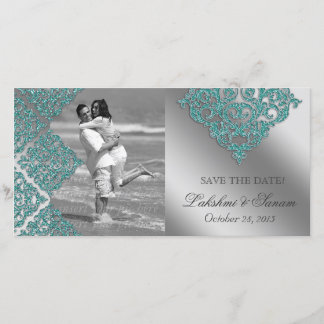 Damask Foto Card Save the Date Sparkle Aquamarin