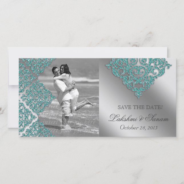 Damask Foto Card Save the Date Sparkle Aquamarin (Vorderseite)