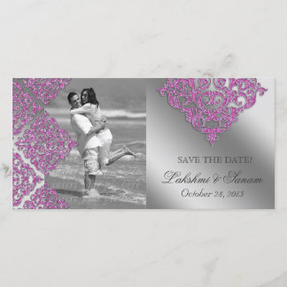 Damask Foto-Karte Save the Date schmal rosa