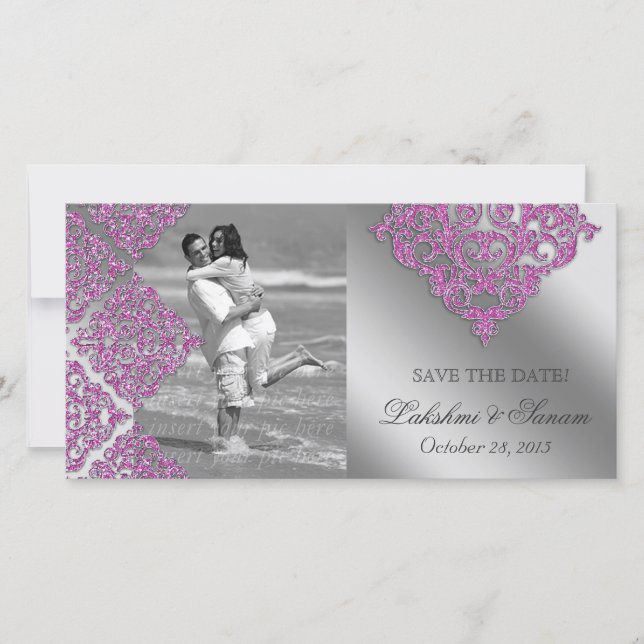 Damask Foto-Karte Save the Date schmal rosa (Vorderseite)