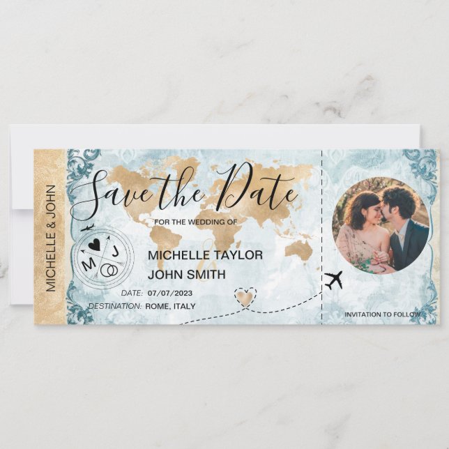 Damask Foto Save the Date Boarding Pass Weltkarte Einladung (Vorderseite)