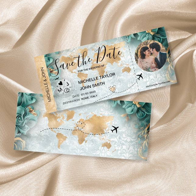 Damask Foto Save the Date Boarding Pass Weltkarte Einladung (Von Creator hochgeladen)