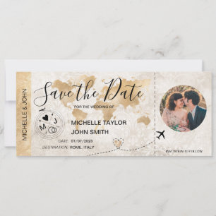 Damask Foto Save the Date Boarding Pass Weltkarte Einladung