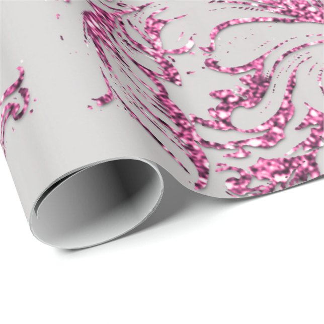 Damask Fuchsia Pink Metallic Grau Glitzer Hütte Geschenkpapier (Rolleneckpunkt)