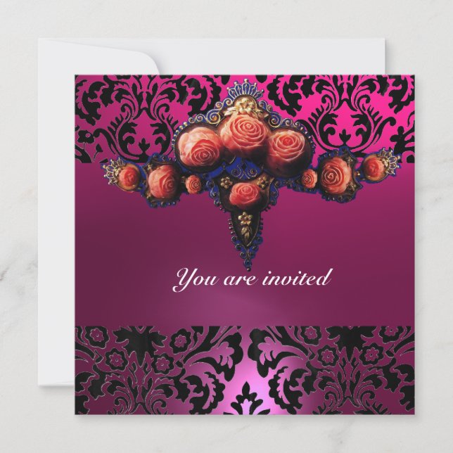 DAMASK GEM AND PINK ROSES MONOGRAMM EINLADUNG (Vorderseite)