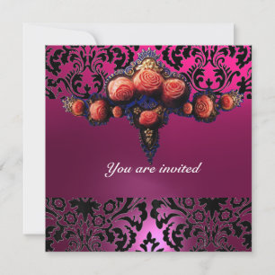 DAMASK GEM AND PINK ROSES MONOGRAMM EINLADUNG