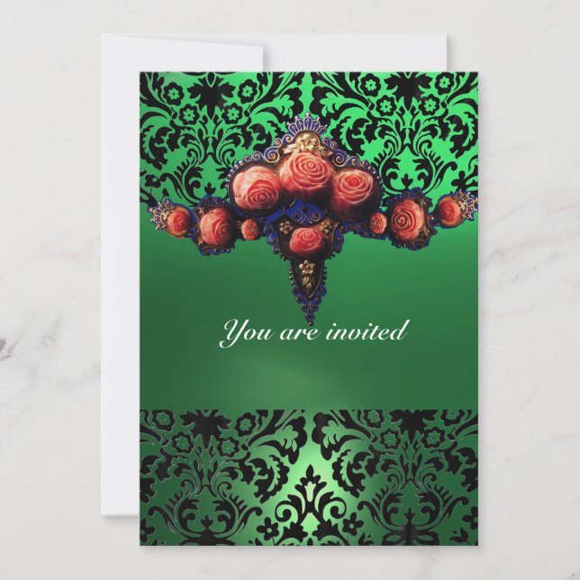 DAMASK GEM AND PINK ROSES MONOGRAMM EINLADUNG (Vorderseite)