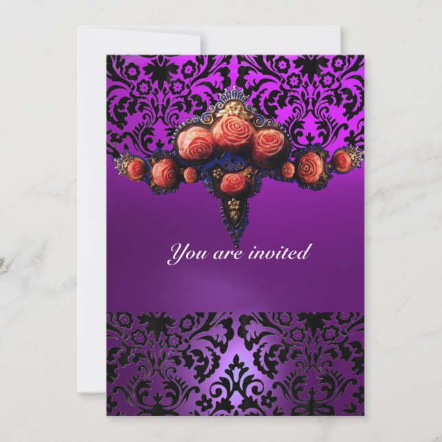 DAMASK GEM AND PINK ROSES MONOGRAMM EINLADUNG (Vorderseite)