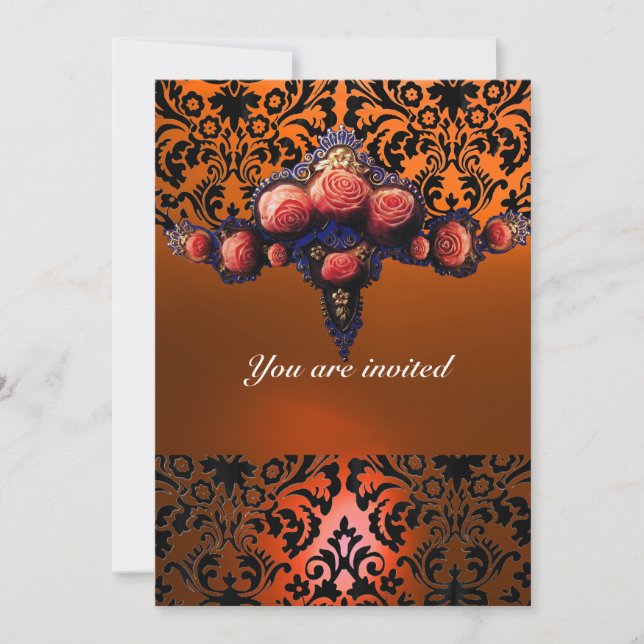 DAMASK GEM AND PINK ROSES MONOGRAMM EINLADUNG (Vorderseite)