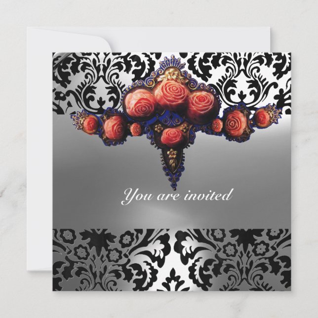 DAMASK GEM AND PINK ROSES MONOGRAMM EINLADUNG (Vorderseite)