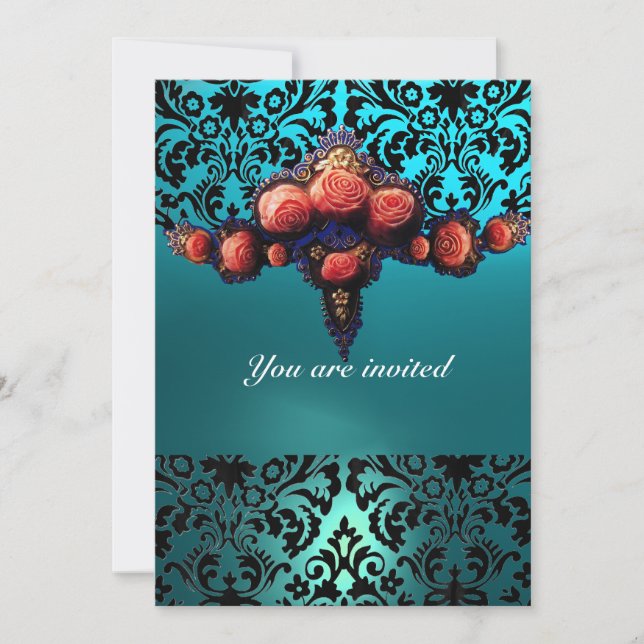 DAMASK GEM AND PINK ROSES MONOGRAMM EINLADUNG (Vorderseite)