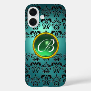 DAMASK GEM MONOGRAM blau schwarz grün iPhone 16 Hülle