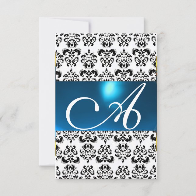 DAMASK GEM MONOGRAM Blau-weiße uAwg Einladung (Vorderseite)