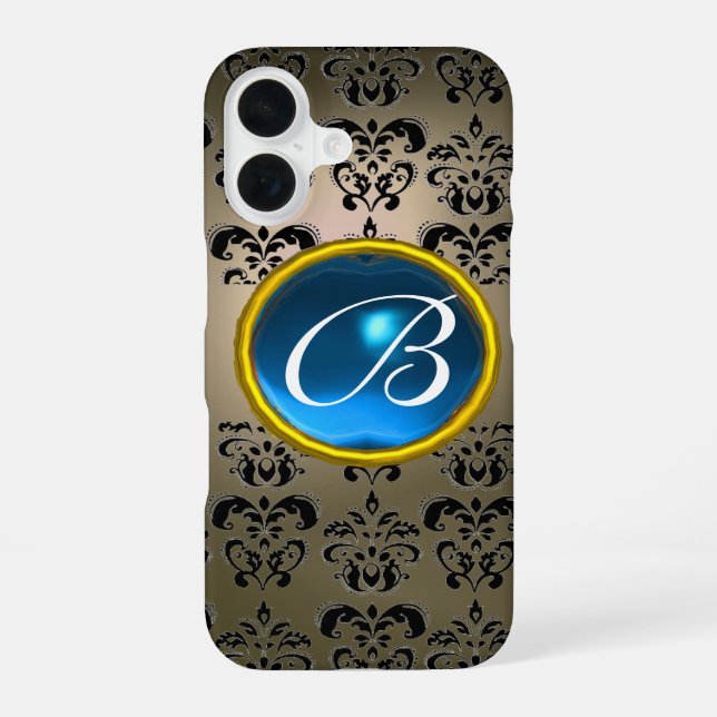DAMASK GEM MONOGRAM grau schwarz blau iPhone 16 Hülle (Rückseite)