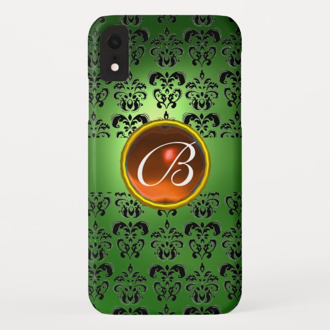 DAMASK GEM MONOGRAM grün schwarz orange Case-Mate iPhone Hülle (Rückseite)