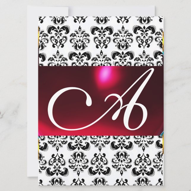 DAMASK GEM MONOGRAM rot bordeauxrot weiß Einladung (Vorderseite)