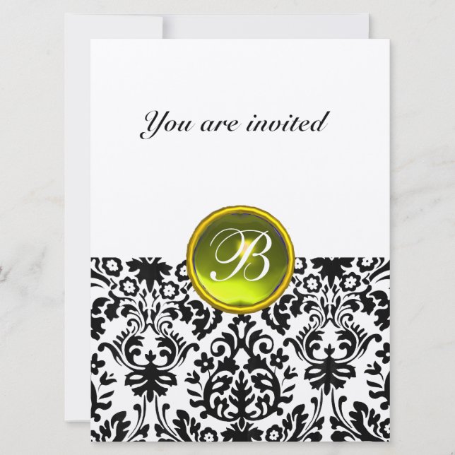 DAMASK GEM STONE MONOGRAM gelb gesprenkelt Einladung (Vorderseite)
