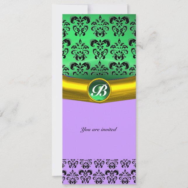 DAMASK GEM STONE MONOGRAM grün, violett, rosa Einladung (Vorderseite)