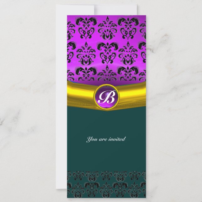 DAMASK GEM STONE MONOGRAM lila Veilchen Einladung (Vorderseite)