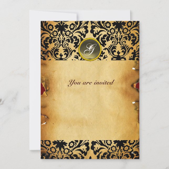 DAMASK GEM STONE MONOGRAM Pergament grau Einladung (Vorderseite)
