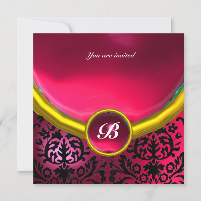 DAMASK GEM STONE MONOGRAM rosa Fuchsia ruby Einladung (Vorderseite)