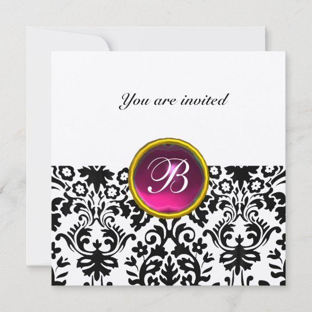 DAMASK GEM STONE MONOGRAM ruby rosa Gold Einladung (Vorderseite)