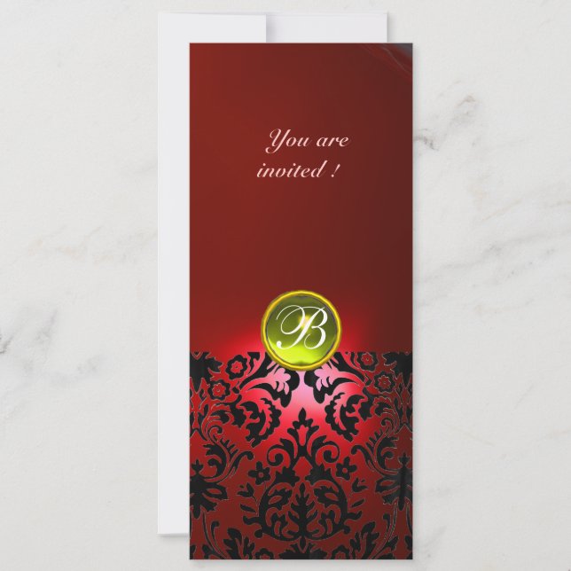DAMASK GEM STONE MONOGRAMM gelb rot Einladung (Vorderseite)