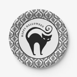 Damask Glam Black Cat | Halloween Paper Plate Pappteller