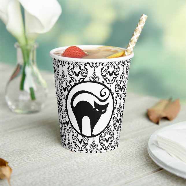 Damask Glam | Katzen und Fledermäuse Papierscheibe Pappbecher (In Situ)