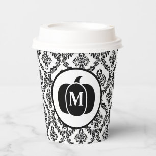 Damask Glam Monogram Halloween Pumpkin Pappbecher