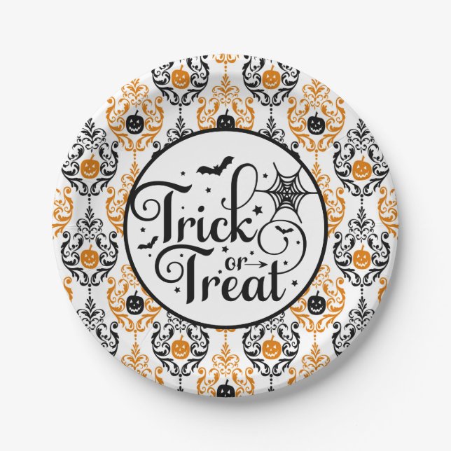 Damask Glam Pumpkin | Trick oder Trete Pappteller (Vorderseite)
