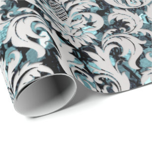 Damask Glitzer Aquamarin Silver Gray Royal Sequin  Geschenkpapier