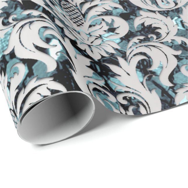 Damask Glitzer Aquamarin Silver Gray Royal Sequin  Geschenkpapier (Rolleneckpunkt)