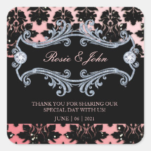 Damask Glitzer Coral Wedding Monogram Square Stick Quadratischer Aufkleber