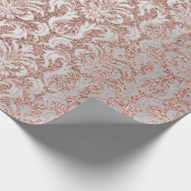 Damask Glitzer Rose Gold White Royal Hütte Geschenkpapier (Ecke)