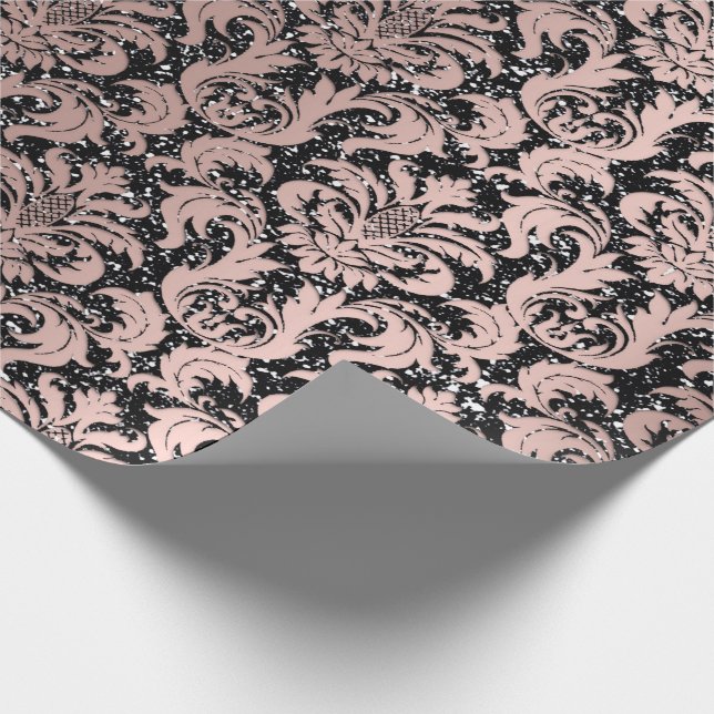 Damask Glitzer Schwarze Rose Geschenkpapier (Ecke)