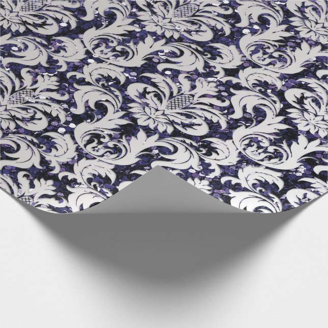 Damask Glitzer Silver Gray Royal Blue Navy Geschenkpapier (Ecke)