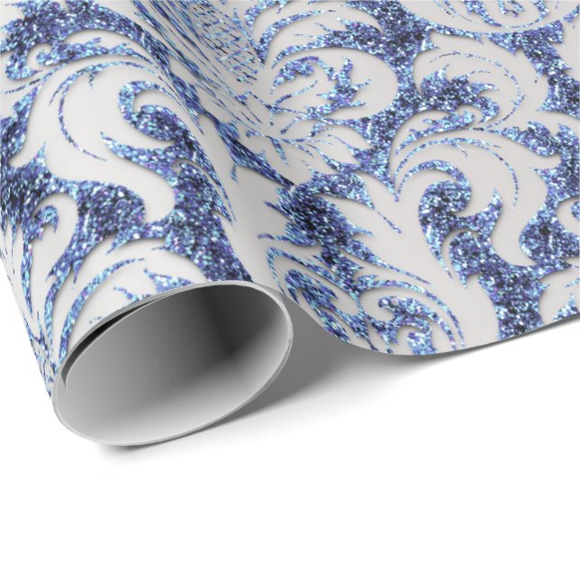 Damask Glitzer Silver Gray Royal Sapphire Blue Geschenkpapier (Rolleneckpunkt)