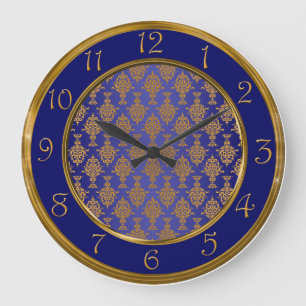 Damask Gold auf Royal Blue Numbers Große Wanduhr