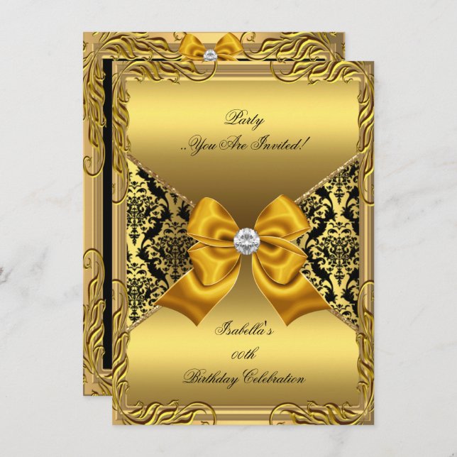 Damask Gold Bronze Diamond Black Birthday Party 2 Einladung (Vorne/Hinten)