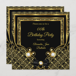 Damask Gold Diamond Black Bow Geburtstagsparty Einladung