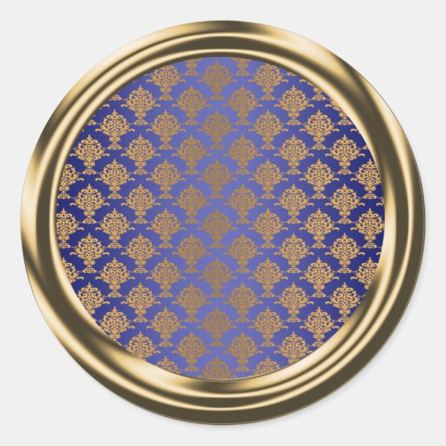 Damask Gold für Royal Blue Runder Aufkleber (Vorderseite)