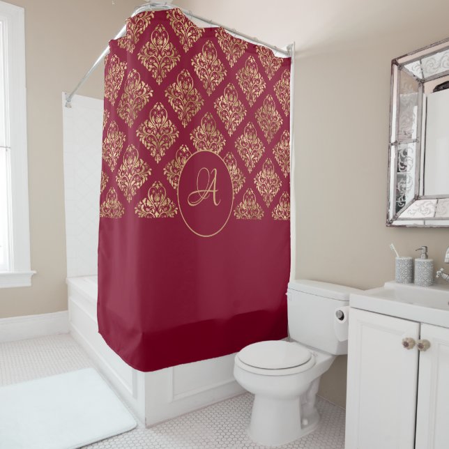 Damask Gold Monogram auf Burgund Duschvorhang (Beispiel)