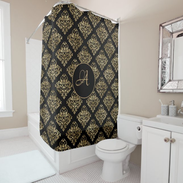 Damask Gold Monogram auf schwarz Duschvorhang (Beispiel)