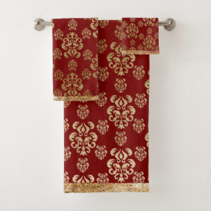 Damask Gold Red Elegante Moderne Badhandtuch Set