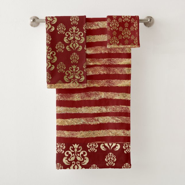 Damask Gold Rot Elegante Modernes Hübsches Strip Badhandtuch Set (Insitu)