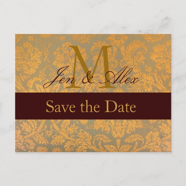 Damask Gold Save the Date Monogram Annoncement Ankündigungspostkarte (Vorderseite)